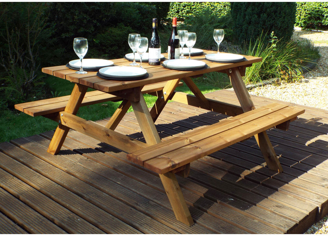 Union Rustic Fournier 6 - Person Solid Wood Patio Dining Set Umbrella Hole Included Rectangular Table Brown 6