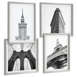 BILDER SET 4er Set - 50x50 cm & 40x60 cm Silberner Rahmen - Architektur Schwarz-Weiß-Minimalismus