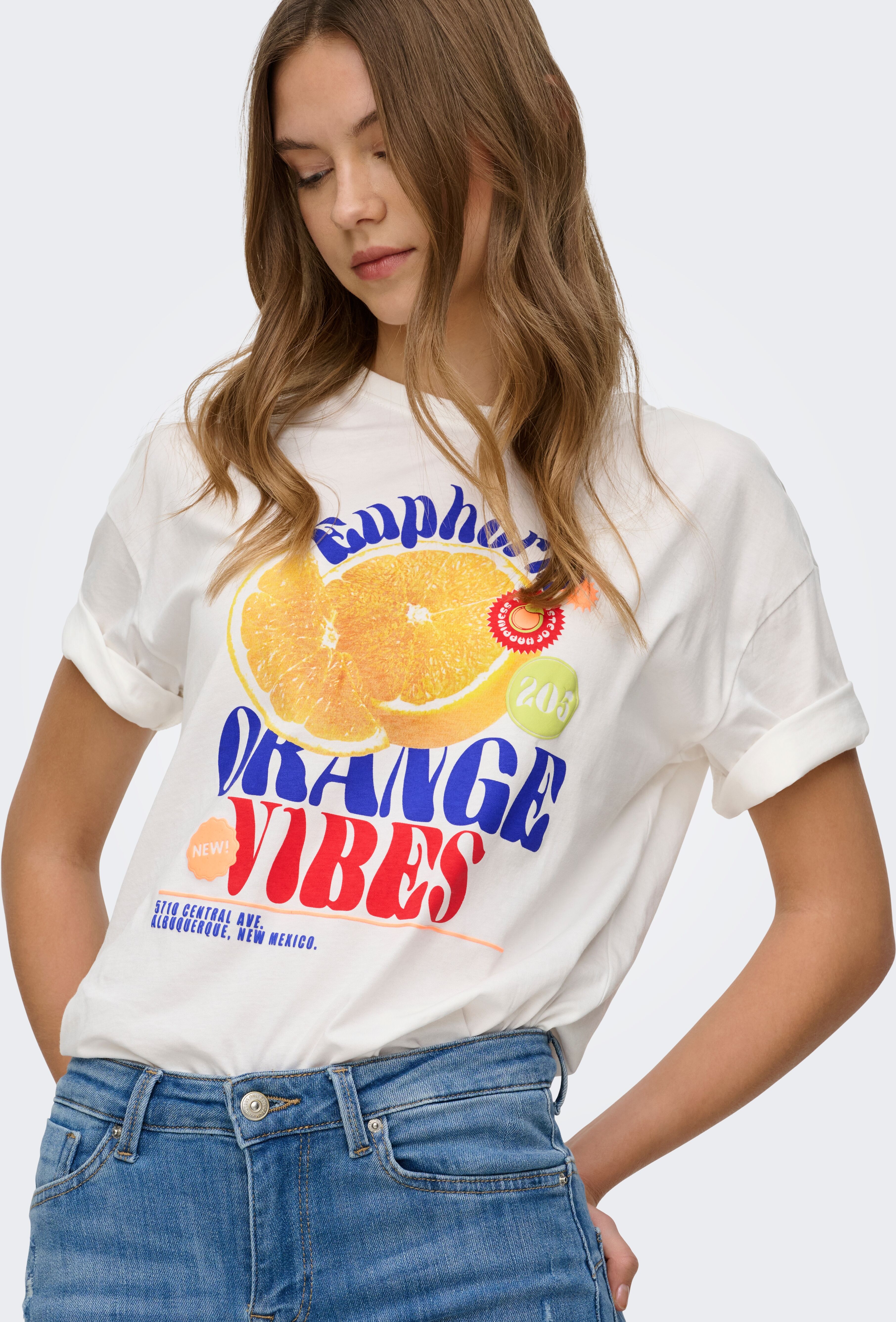 Kurzarmshirt ONLY "ONLBOLETTE LIFE S/S TOP BOX CC JRS", Damen, Gr. XS, cloud dancer print:orange vibes, Jersey, Obermaterial: 100% Baumwolle, bedruckt, loose fit normal, Rundhals, Shirts Kurzarmshirt, mit auffälligem Print cloud dancer print:orange vibes 