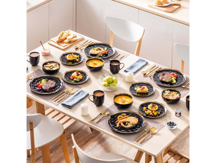 Service de table LOVECASA en porcelaine noire 16/32 pièces avec bordure dorée, assiette à dessert, assiette à dîner, tasse, bol