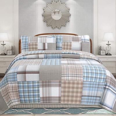 Cozy Line Home Fahions Cozy Line Hank Blue Patchwork 3-piece Reversible Cotton Quilt Bedding Set