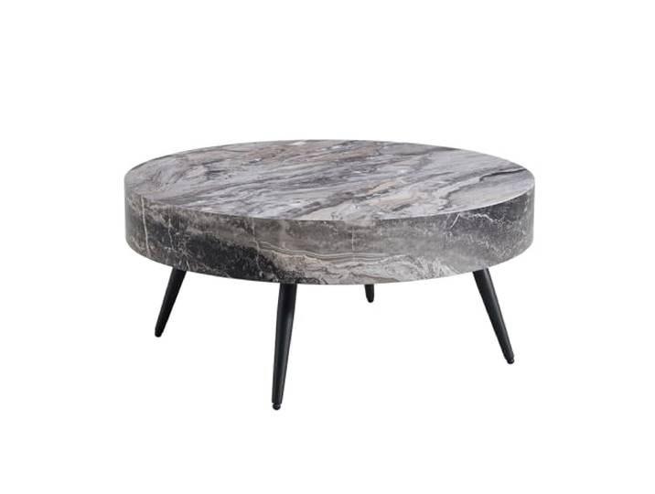 Vexelus Runder Couchtisch Ø70 cm graue Marmor‑Optik MDF‑Platte, Schwarze Metallbeine, minimalistisch