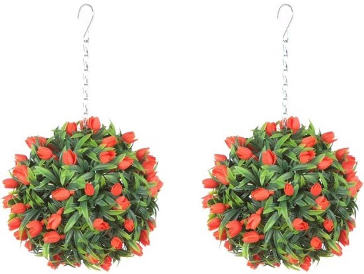 TULIP Topiary kunstmatige bloembollen met weelderig blad, Oranje, 24 cm