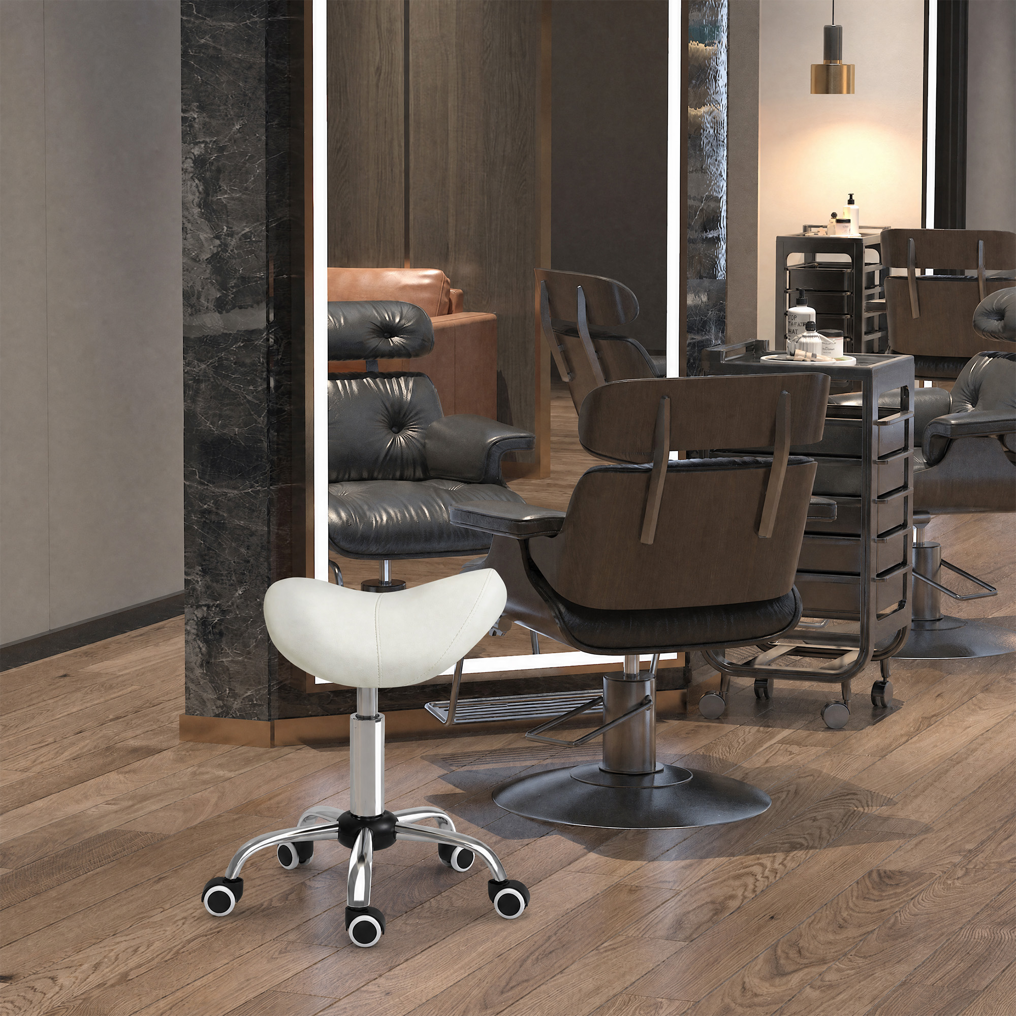Homcom Sgabello da Lavoro a Sella con Ruote e Altezza Regolabile per Negozi Parrucchiere e Tattoo, 52x53x49-61cm Beige Aosom