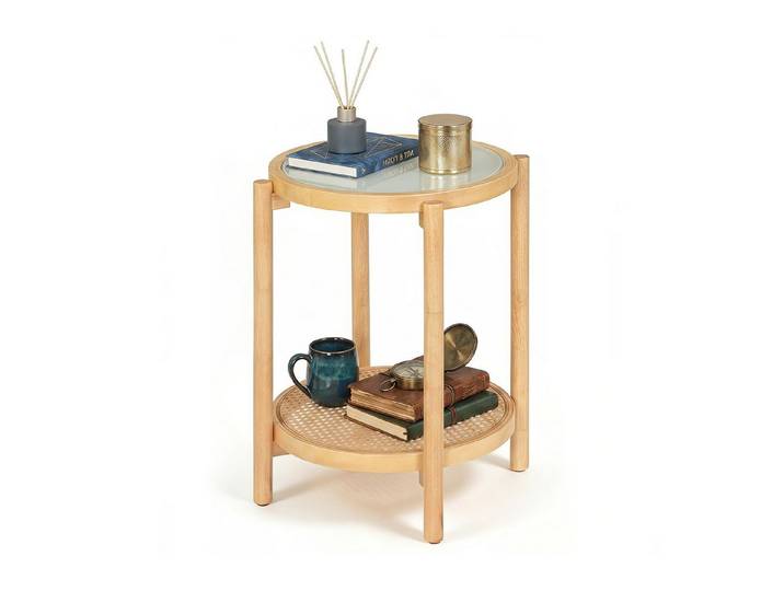 KOMFOTTEU Beistelltisch runder Couchtisch, mit mattierter Glasplatte und PE-Rattan-Ablage