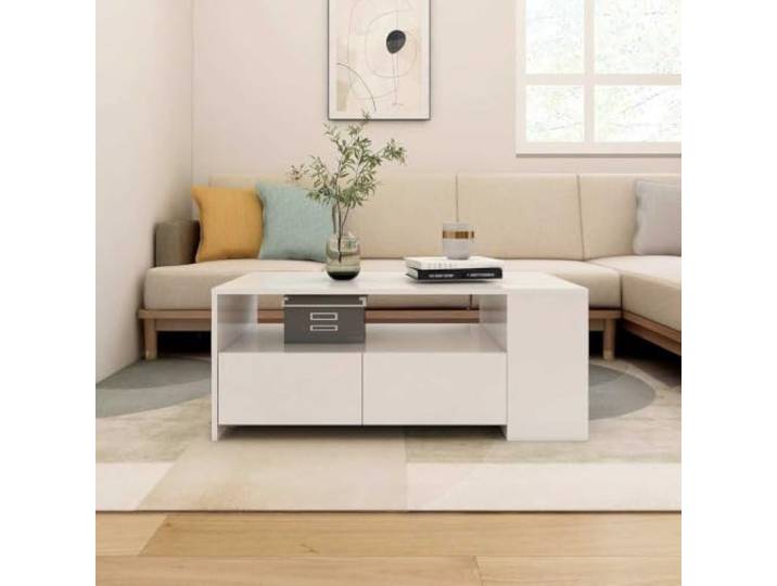 HEFZGDB Couchtisch Weiß 102x55x42 cm Holzwerkstoff mit Ablage Schubladen Fächern Stauraum Multifunktional Wohnraum Tischplatte