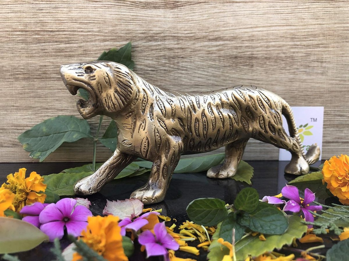 Handgemaakt Messing Tijger Beeldje - Geel - Hoogte: 16 cm
