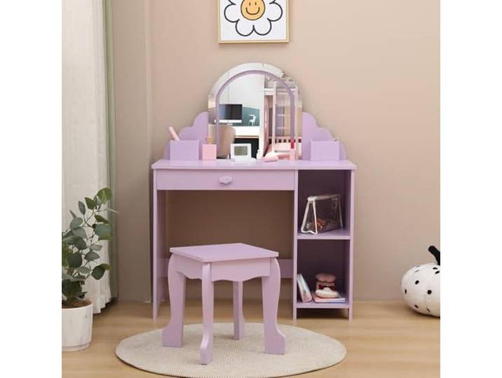 Kinderschminktisch Mit Spiegel & Hocker, Holz Kosmetiktisch Mit LED-Beleuchtung & Schublade, Kinder Frisiertisch Mit Wellenkante, Mädchen Spielzeug Aufbewahrung Für Kinderzimmer 3-10 Jahre, Lila