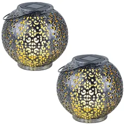 Solarlampe Hängeleuchte Gartendeko LED Garten rund Außenleuchte Tisch Kugeldesign, Kunststoff schwarz silber, 1x LED, DxH 18x17 cm, 2er Set