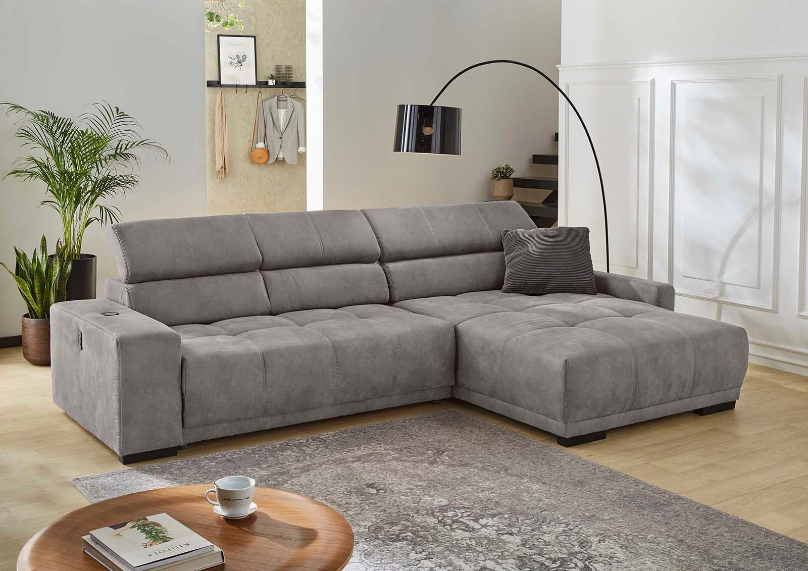Ecksofa JOCKENHÖFER GRUPPE "Le Mans L-Form, B: 320 cm, mit 30 cm elektr. Sitztiefenverstellung", grau, B:320cm T:110cm, Korpus: 100% Polyester;Kissen: 100% Polyester, Sofas, Ecksofa, Kopfteilverstellung, induktive Ladestation, USB-Anschluss & Zierkissen g