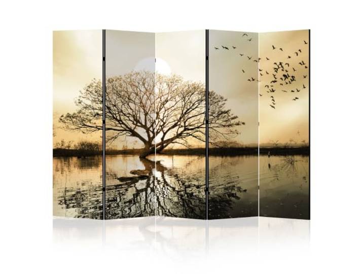 LUMASOUL Paravent Raumteiler Innen beidseitig Bedruckt 225x172 cm Baum 02 5 teilig beide Seiten mit Motiv, bedruckte Rückseite, faltbar, freistehend und dekorativ See Sonnenuntergang Natur Landschaft