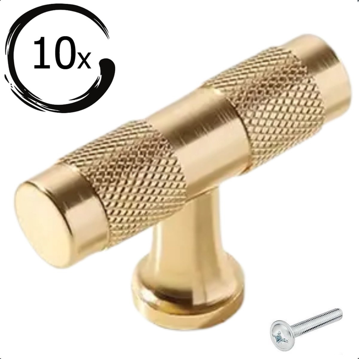 MJM 10x Kastknoppen Erie T-Greep Goud met Ribbel voor Keukenkast en Meubels