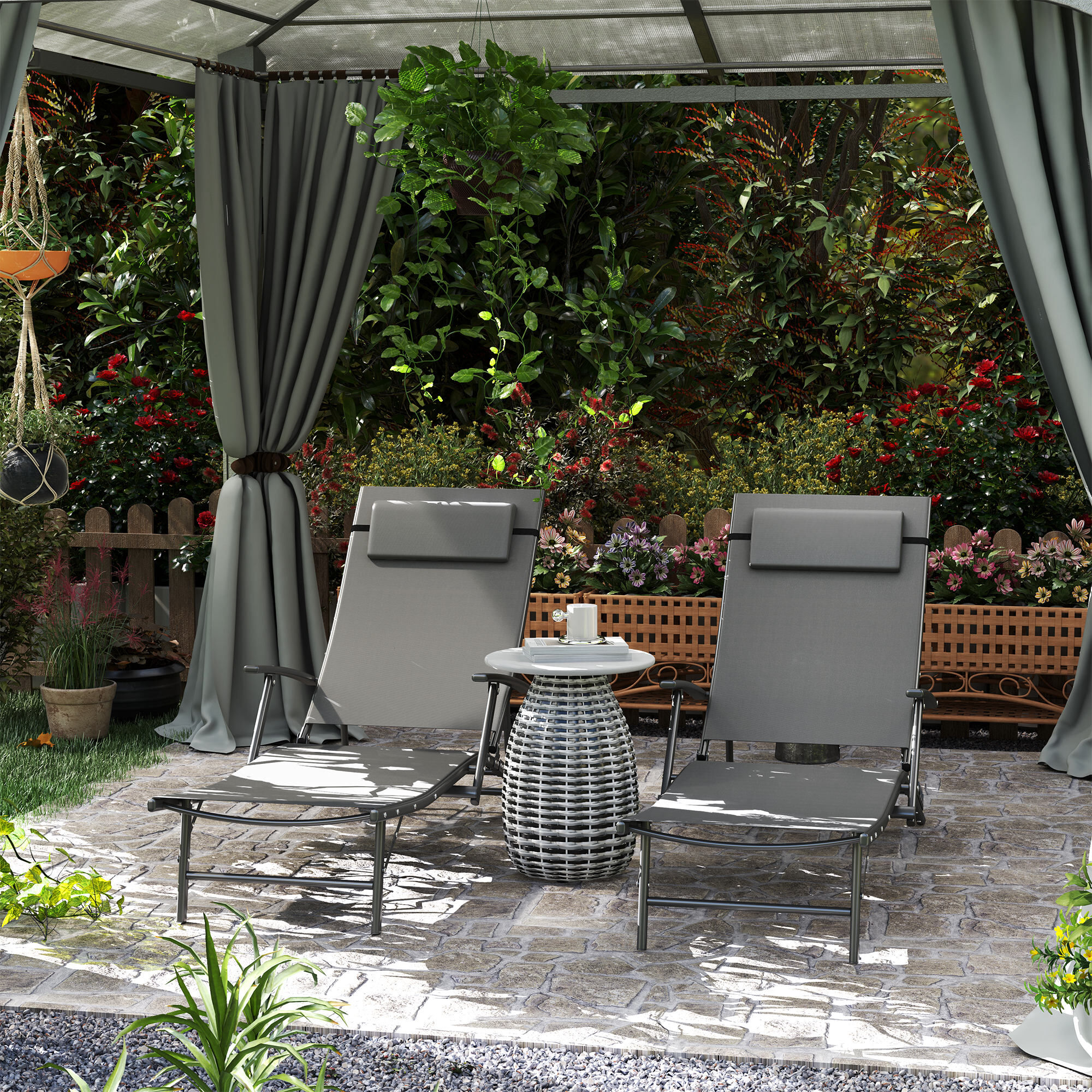 Altro Set 2 Sdraio Da Giardino Pieghevoli Con Schienale Regolabile Su 4 Livelli E Cuscino, Grigio