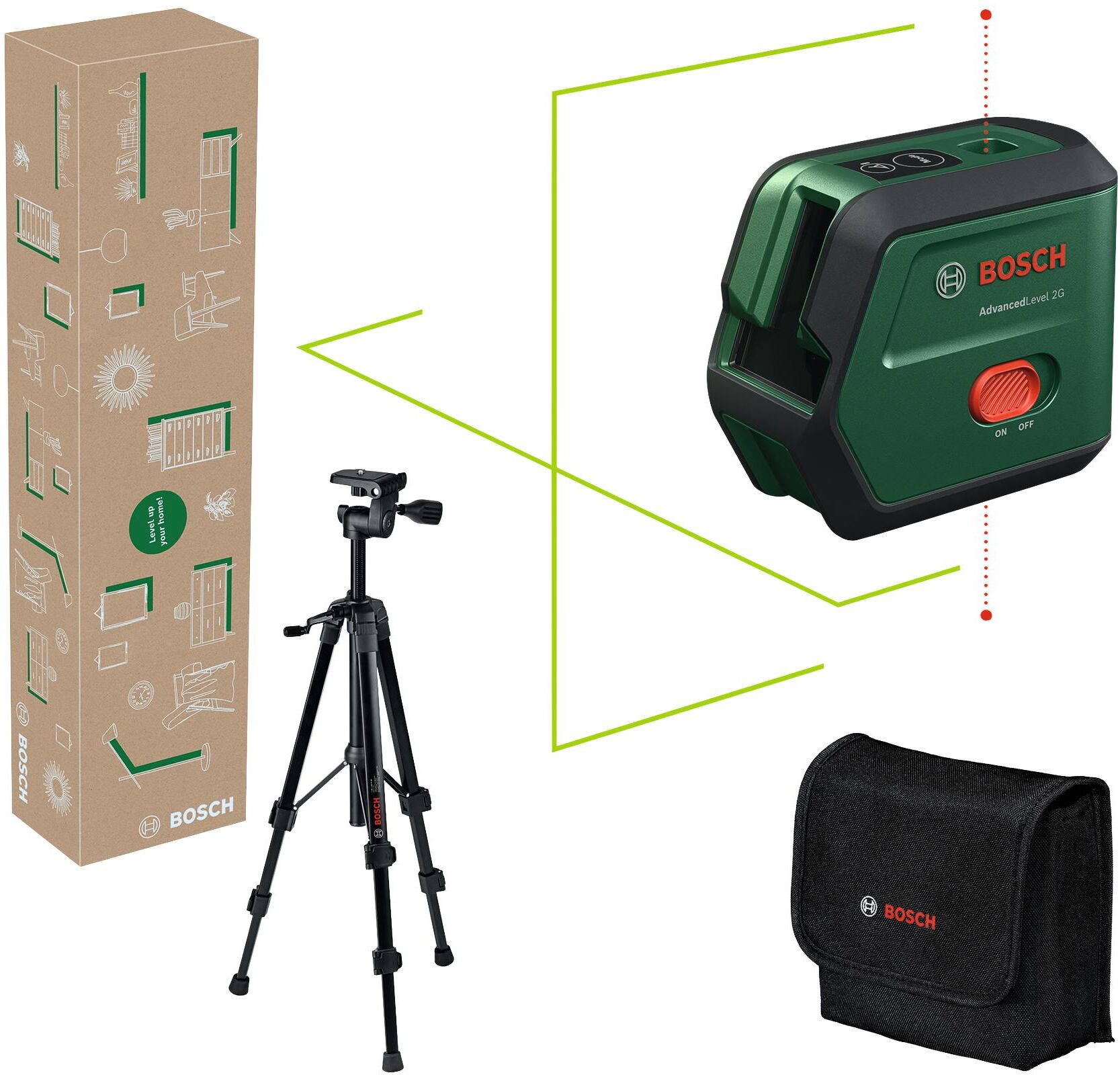 Kreuzlinienlaser BOSCH "AdvancedLevel 2G Set 15 m", grün (grau), H:10,6cm L:16,2cm, Lasermessgeräte, Kreuzlinienlaser grau Einheitsgröße
