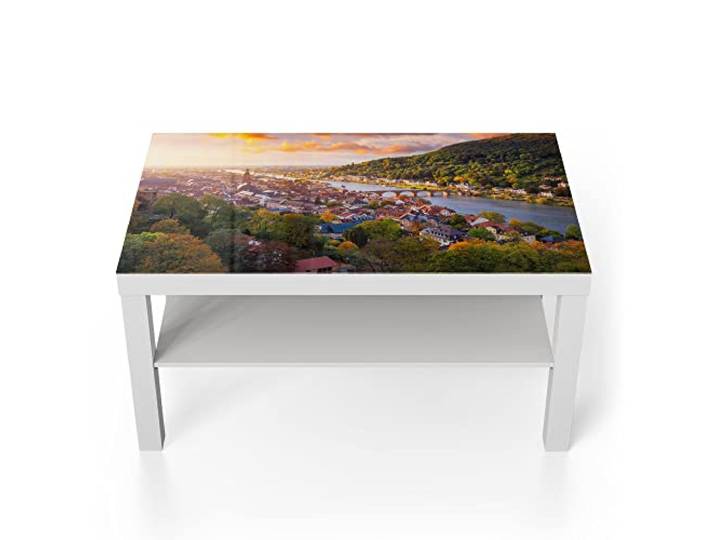 DEQORI Glastisch weiß groß 90x50 cm Motiv Blick über Heidelberg ausgefallener Beistelltisch aus Glas Hochglanz Couchtisch fürs Wohnzimmer moderner Couch Tisch mit Design