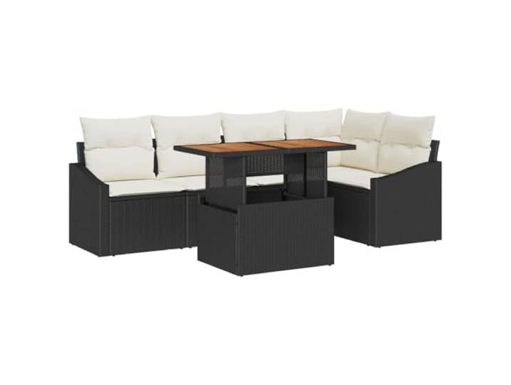 GHVBNMF Poly-Rattan Gartenmöbel Set 6-tlg., Modulare Lounge mit Esstisch Mit integriertem Stauraum, Akazienholz-Tischplatte und flexiblen Sitzen für 5 Personen auf der Terrasse oder im Garten.