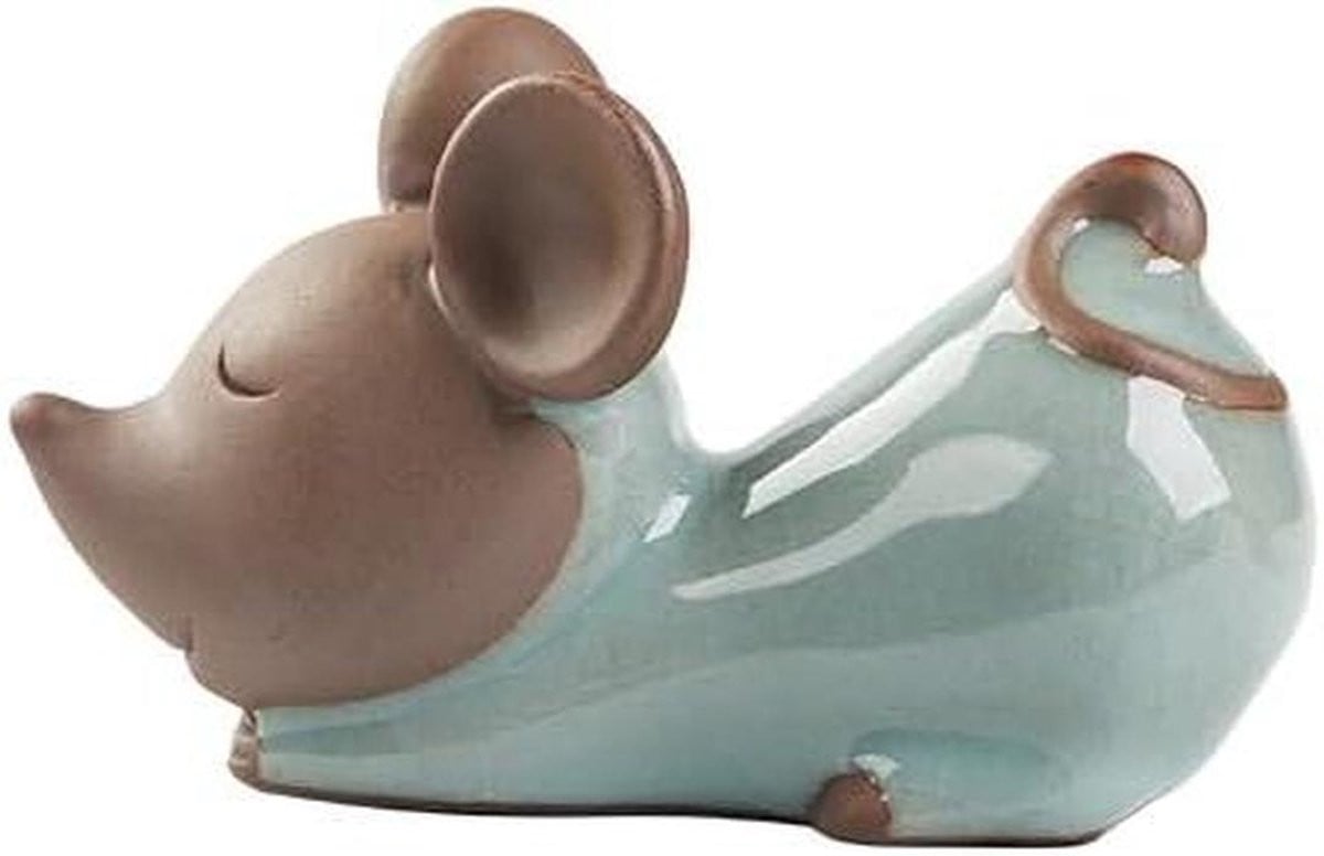 Handgemaakt wit keramisch muis beeldje van porselein voor tafeldecoratie, Lengte: 12,8 cm