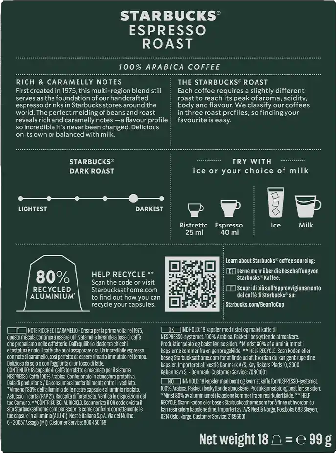 Starbucks®   Espresso Roast - 18 Capsules de café pour Nespresso® - Espresso - Compatible Nespresso®