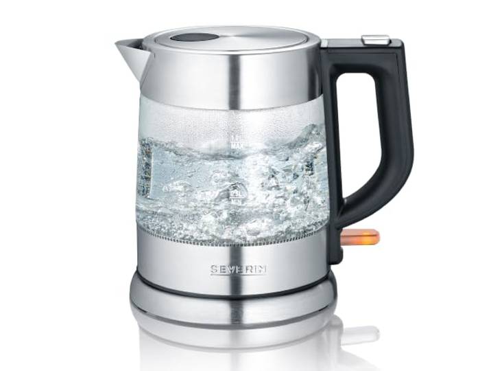 SEVERIN Glas Wasserkocher, 1,0L, leistungsstark und kompakt in hochwertigem Design, elektrischer Wasserkocher mit Kalkfilter, Edelstahl/schwarz, WK 3468