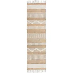 JUTETEPPICH handgewebt mit Fransen WHARFE, im Ethno-Stil, Natur-Weiß, 60 x 230 cm