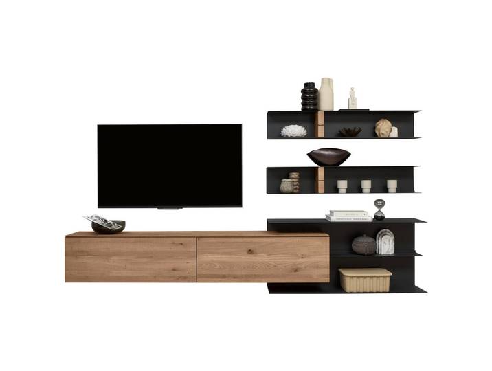 Valnatura Wohnwand, Anthrazit, Eichefarben, Holz, Metall, Kerneiche, vollmassiv, 339x170x39 cm, Goldenes M, Dgm, Beimöbel erhältlich, umfangreiches Zubehör erhältlich, Wohnzimmer, Wohnwand, Komplette Wohnwand