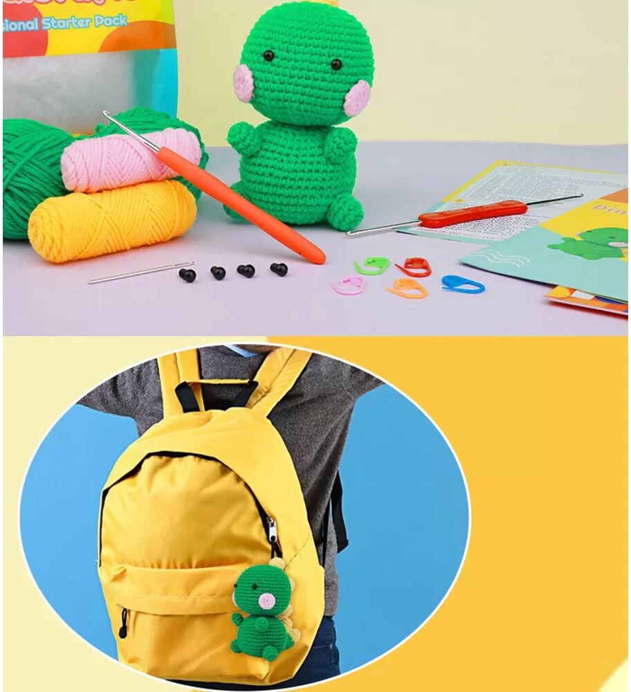 INF Kit de Crochet DIY - Pack de Matériel Amigurumi Dinosaure Vert pour Débutants