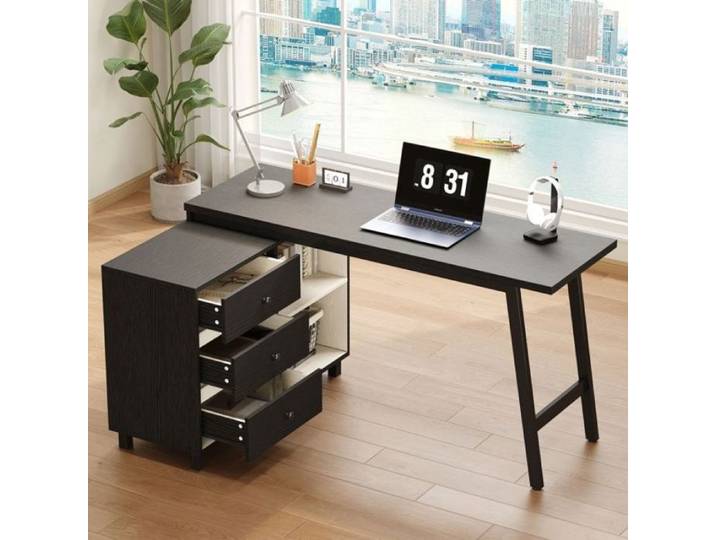 Bureau d'ordinateur 150x50cm Table de Travail avec 3 Tiroirs MDF et Acier Design Noir et Blanc Rangement Bureau blanc BUREAU