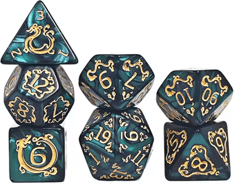 Inspire Curations Dragon Pattern 7 Piece Polyhedral DND Dice Set For Tabletop RPG Adventures dark Green