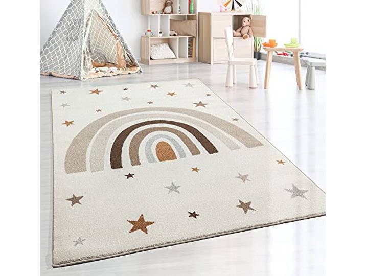 the carpet Beat Kids Moderner Weicher Kinderteppich, Weicher Flor, Pflegeleicht, Farbecht, Regenbogen Muster, Creme, 140 x 200 cm