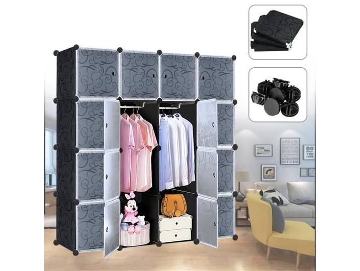 Armoire de Chambre - LZQ - 16 Cubes - Plastique Résistant - Noir - 140 x 140 x 35 cm