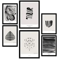 POSTER Set Mit 6 Abstrakte Kunst In Schwarzweiß Pinselstriche A3 & A4 Schwarzer Rahmen