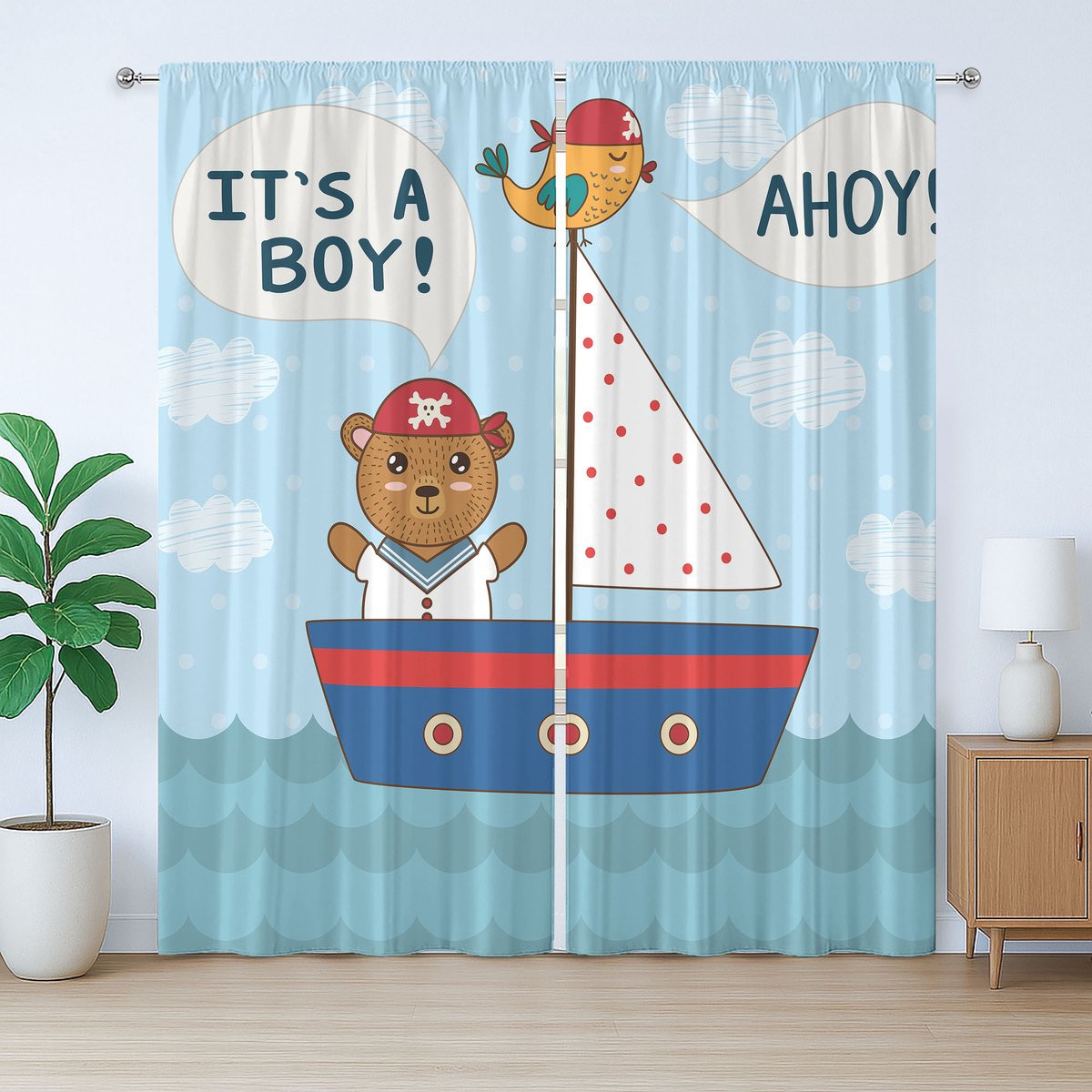 ABAKUHAUS Ahoy It's a Boy Rustiek Gordijn voor Babyshower, Wit Blauw Rood, B: 280 cm, H: 175 cm