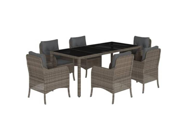 Garten-Esszimmer-Set, 7-teilig, Tisch aus gehärtetem Glas, Stühle aus Rattan, Grau