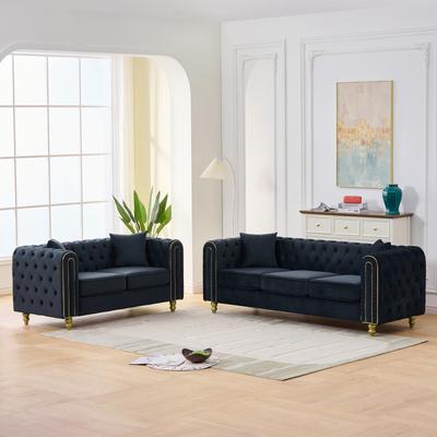 GDFStudio Elarion Velvet Chesterfield Sofa and Loveseat Set with Tufted Rolled Arm Design