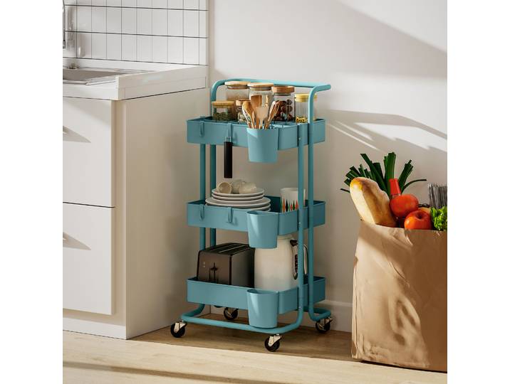 HOMCOM Chariot 3 Niveaux avec Crochets et Boîtes Bleu-Vert