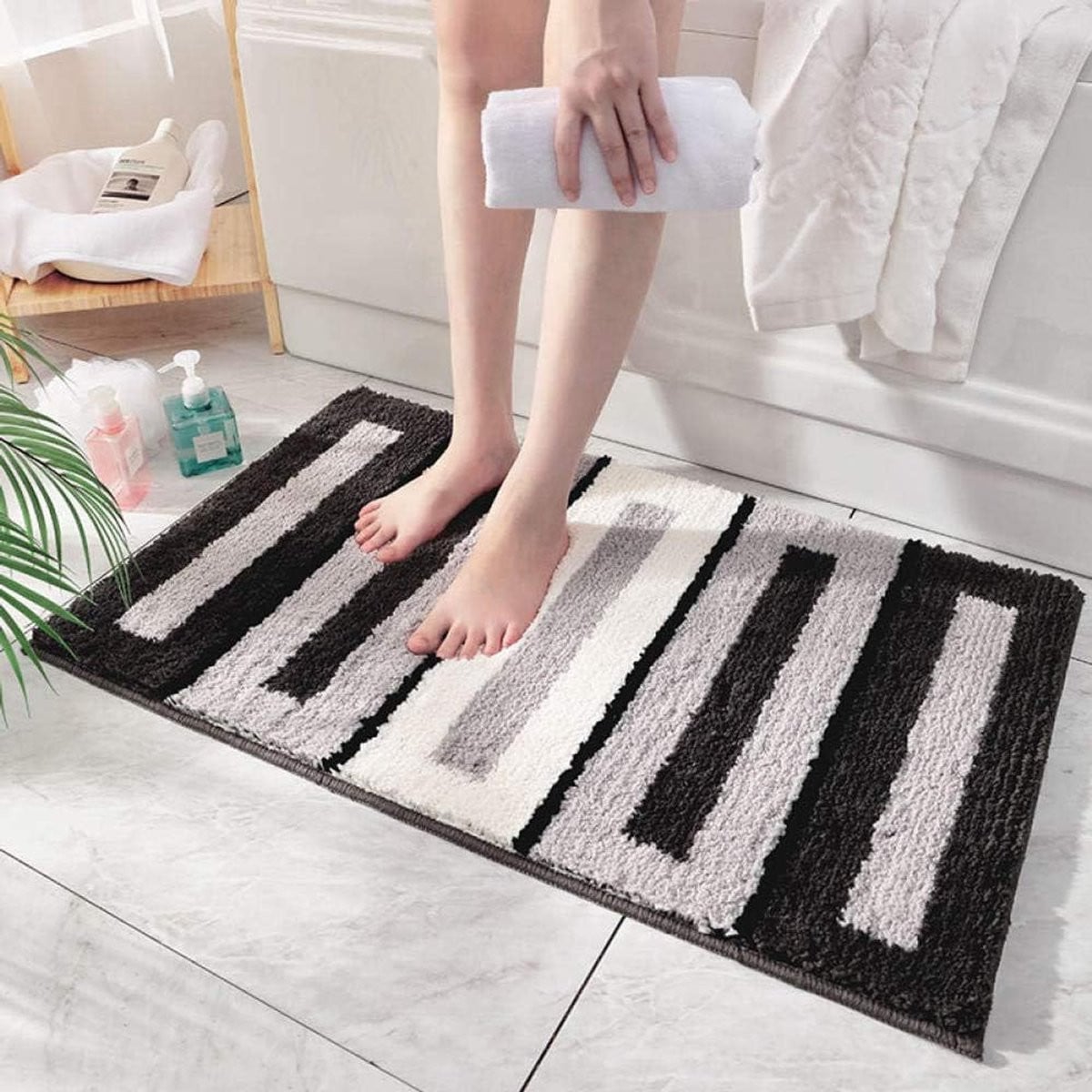 Zachte microfiber badkamermat met antislip voor extra comfort, rechthoekig, zwart wit grijs