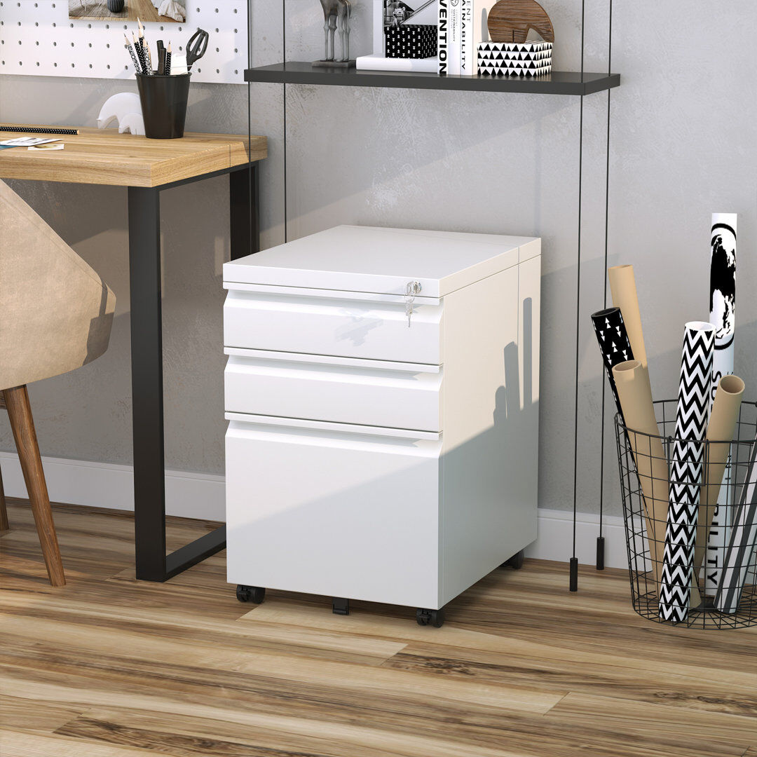 17 Stories 3 Drawer File Cabinet, Lockable Metal Filling Cabinet, White White 60cm H X 39cm W X 48cm D