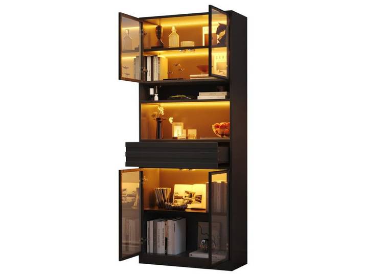 Armoire Vitrée noire 80x35x200cm avec éclairage LED vitrine 4 portes vitrées avec tiroir central meuble d'exposition pour salon