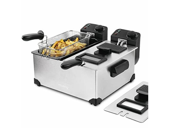 H.Koenig DFX600 Fritteuse aus Edelstahl, Doppelbecken, 2 unabhängige Thermostate je 3L, herausnehmbare spülmaschinenfeste Körbe, Geruchsfilter, Überhitzungsschutz, Silber