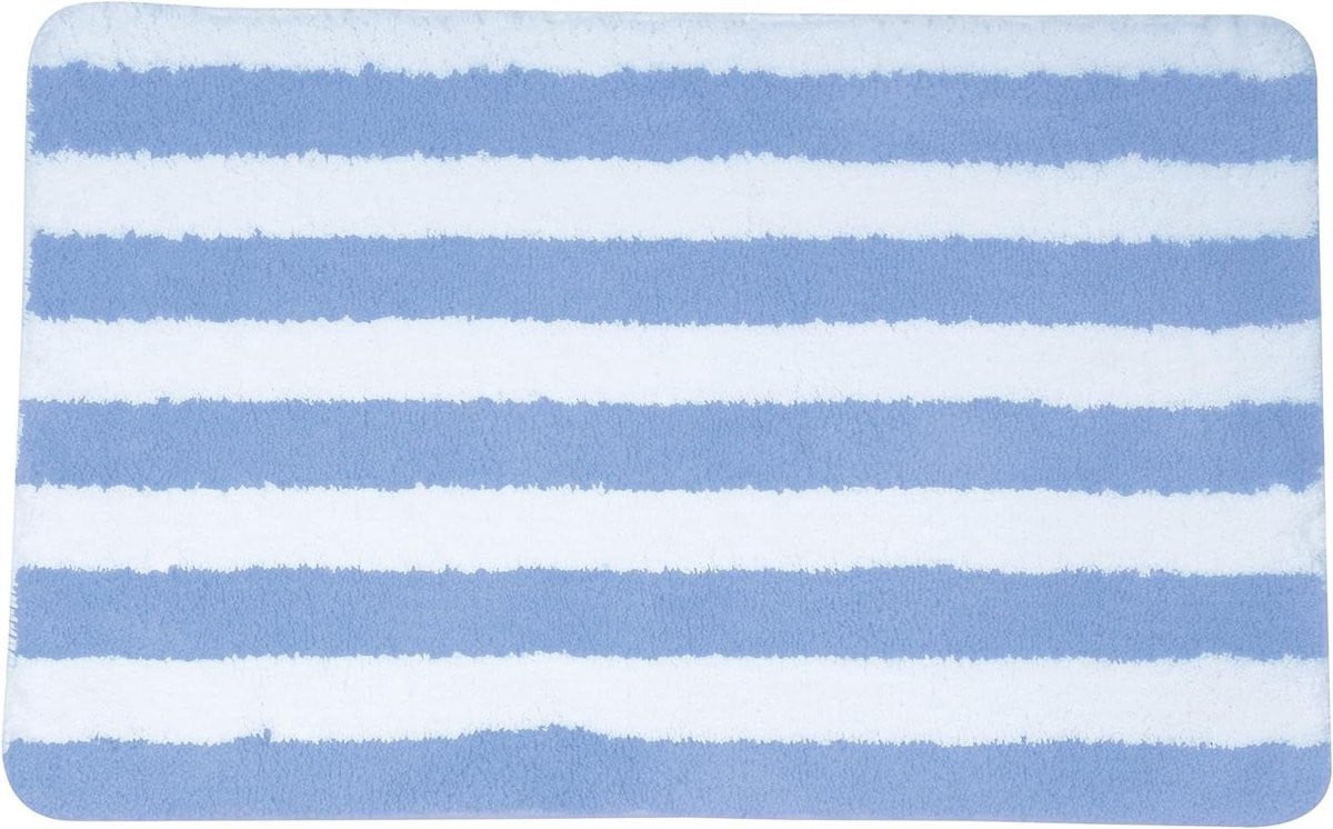 Luxe hoogpolige badmat in pastelblauw, geschikt voor vloerverwarming, 50 x 80 cm
