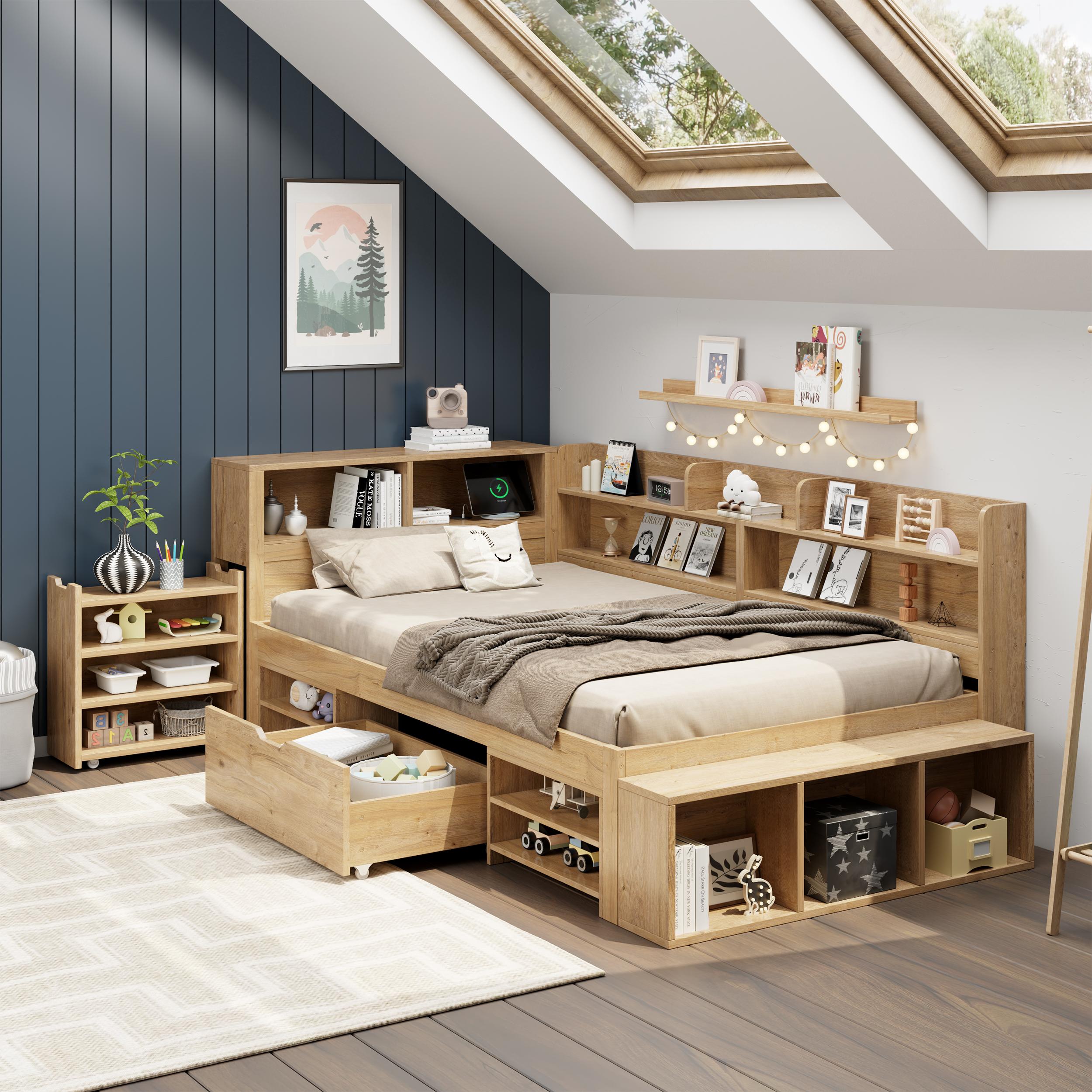 STILVORA Kinderbett 90 x 200 mit Schubladen,Jugendbett Holzbett mit Nachttisch und Regalen,Bettgestell mit kabelloser Aufladung,mit Matratze,Natur