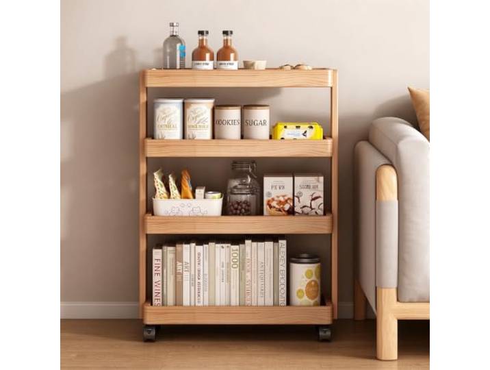 Schmaler Rollwagen mit 4 Ebenen, Mobiler Regal-Organizer für Haushalt 4 Etagen, Kompaktes Design, 360° Rollen, Stabile Holzstruktur, Vielseitiger Einsatz(Natural,31.9in*23.6in*7.9in)