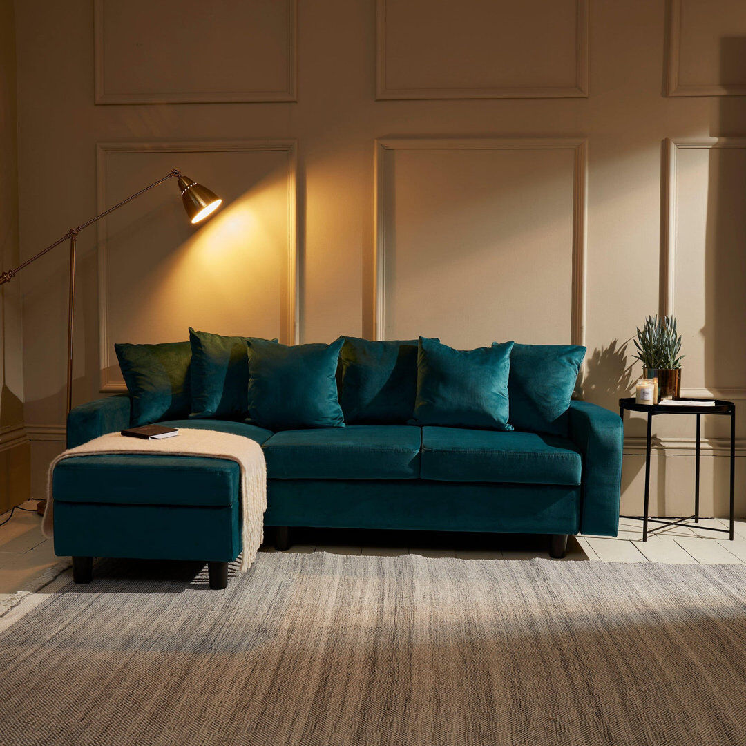 Hykkon Mitzi Compact 3 Seater Corner Sofa Teal Velvet 80cm H X 196cm W X 128cm D