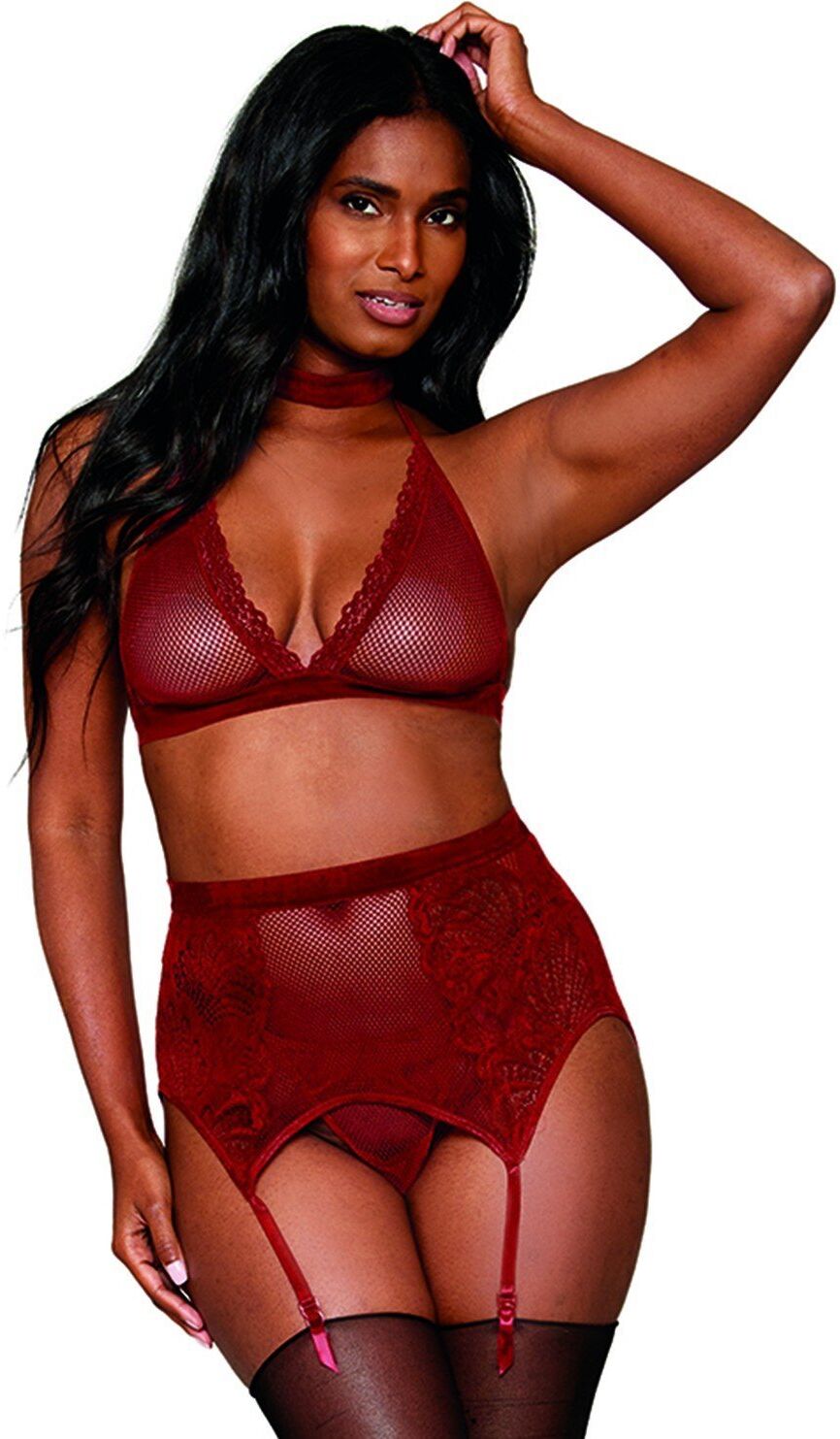 Dreamgirl Ensemble 4 pièces soutien gorge, tour de cou, string et porte jarretelles rouge