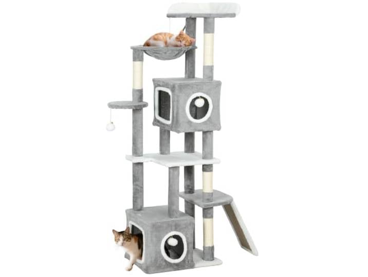 PawHut Arbre à Chat 165 cm Griffoir\, Poteaux Sisal\, Multi-Niveaux\, Gris Tour de Jeux pour Chats\, Centre d'Activités 2 Niches\, Plateformes\, Hamac\, Échelle\, 4 Pompons