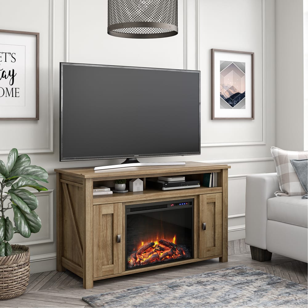Loft24 Meuble tv avec cheminée électrique effet chêne Marron 40x75x121cm