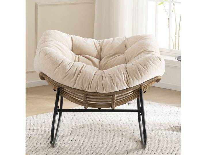 Fauteuil à Bascule en Chenille Beige - Chaise Papasan Rattan Egg Chair Moderne pour Chambre d'Enfant Salon et Chambre à Coucher