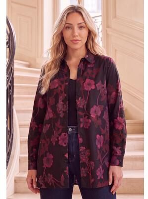 Plus Size Women's Kate Long-Sleeve Crisp Cotton-Blend Button-Front Tunic by Roaman's in Cherry Glow Gladiolus (Size 30 W) Button Down Tunic Shirt