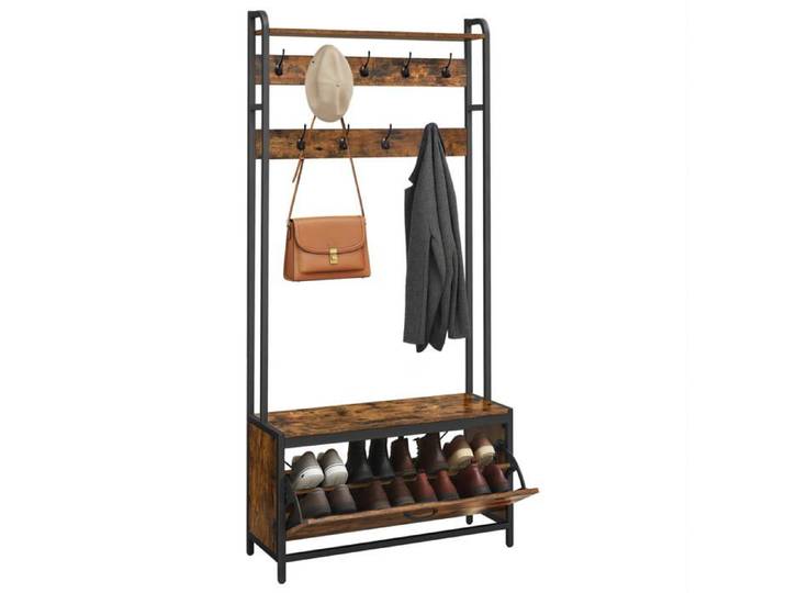 Meuble d'Entrée avec Banc 9 Crochets et Étagère Pte-Manteaux Vestiaire Marron Rustique + Noir 30P x 30P x 8 MEUBLE A CHAUSSURES