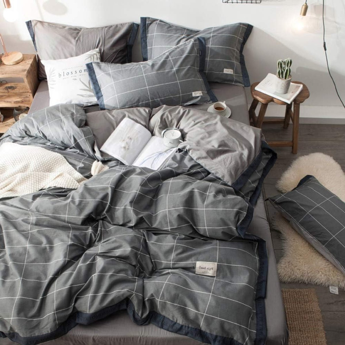 Queen Size Good Dekbedovertrekset Grijs Geruit - 100% Katoen - Queen Size